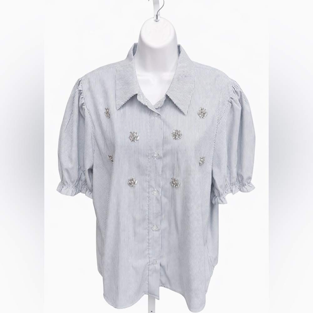 NEW Striped Button-Down Shirt with Rhinestone Embellishments